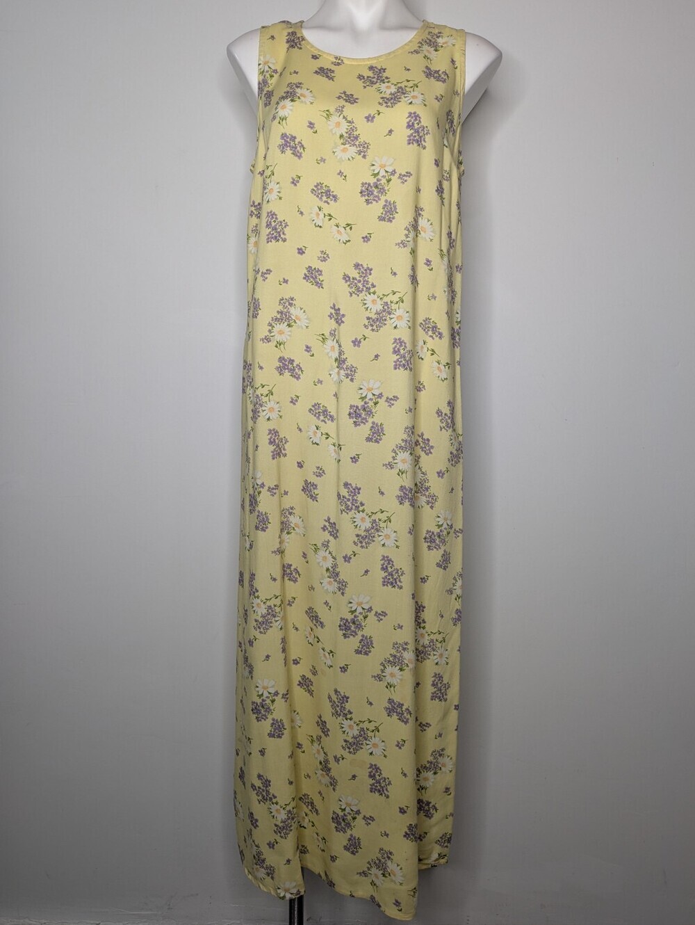 Vintage Studio Ease 90s Yellow Purple Floral Sleeveless Summer Sun Dress 10